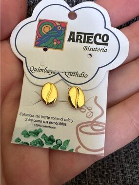 Gold Coffee Bean Stud Earrings - Shiny Gold Tone